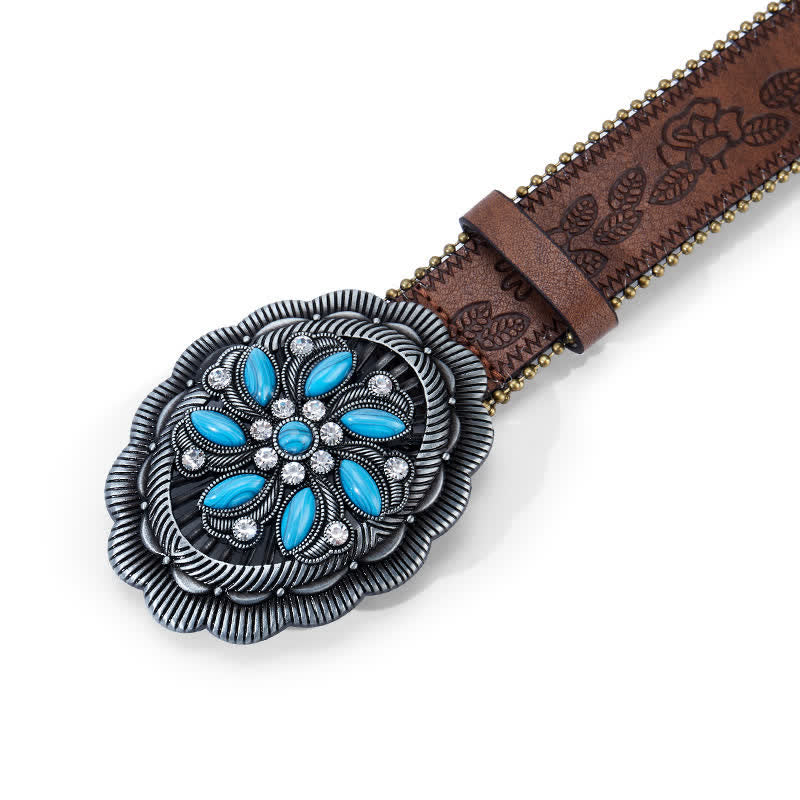 Ceinture en cuir marron gaufré avec boucle concho à fleur turquoise - image 2