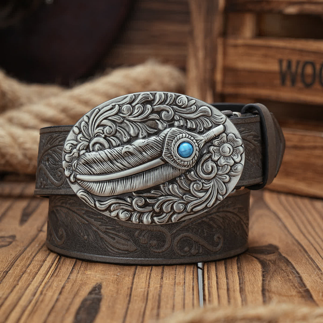 Ceinture en cuir à boucle médaillon en forme de plume avec accent turquoise - Gris - 38 - image 0