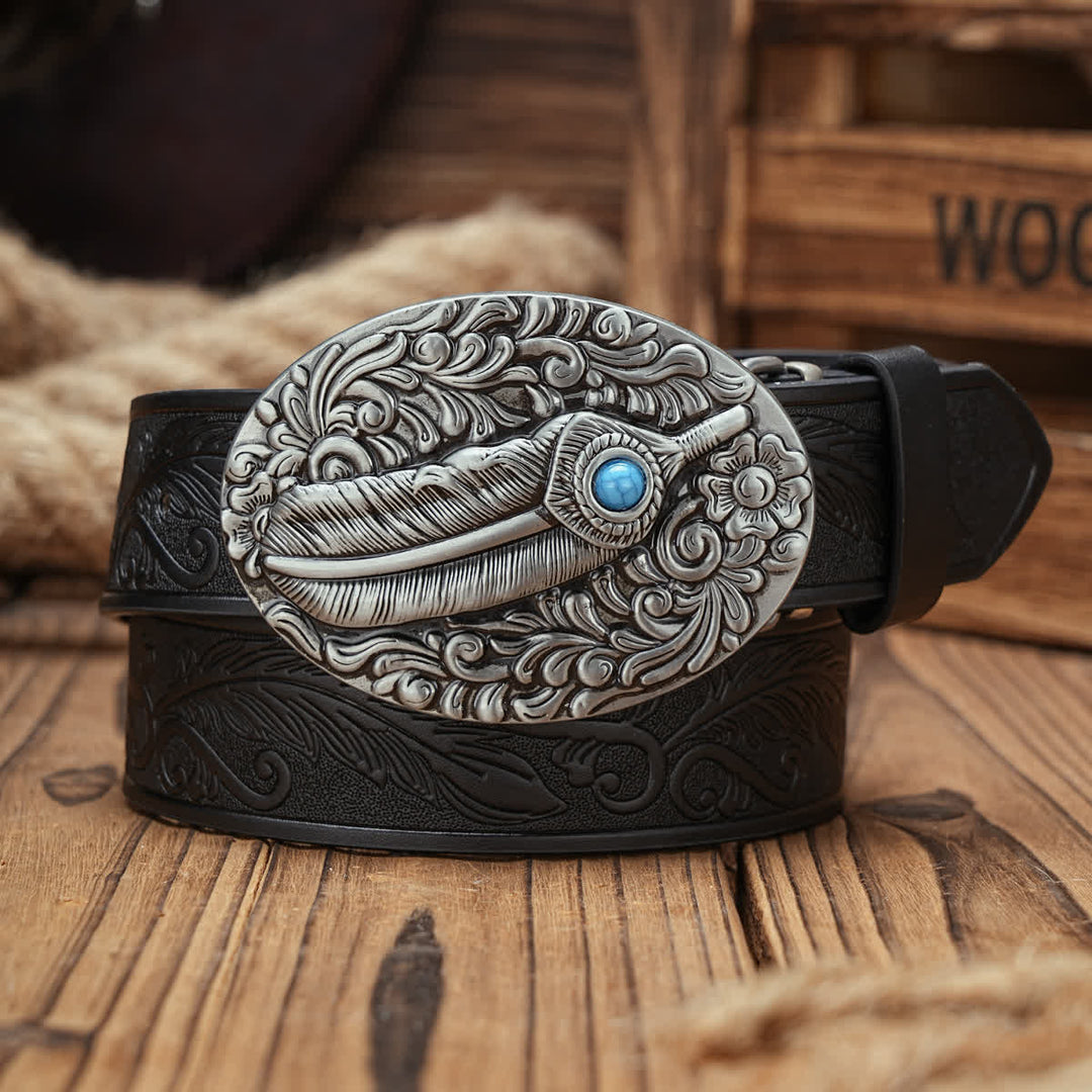 Ceinture en cuir à boucle médaillon en forme de plume avec accent turquoise - Noir - 38 - image 4