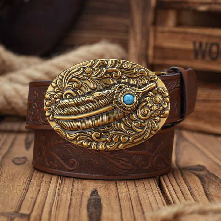 Ceinture en cuir à boucle médaillon en forme de plume avec accent turquoise - Brun - 38 - image 6