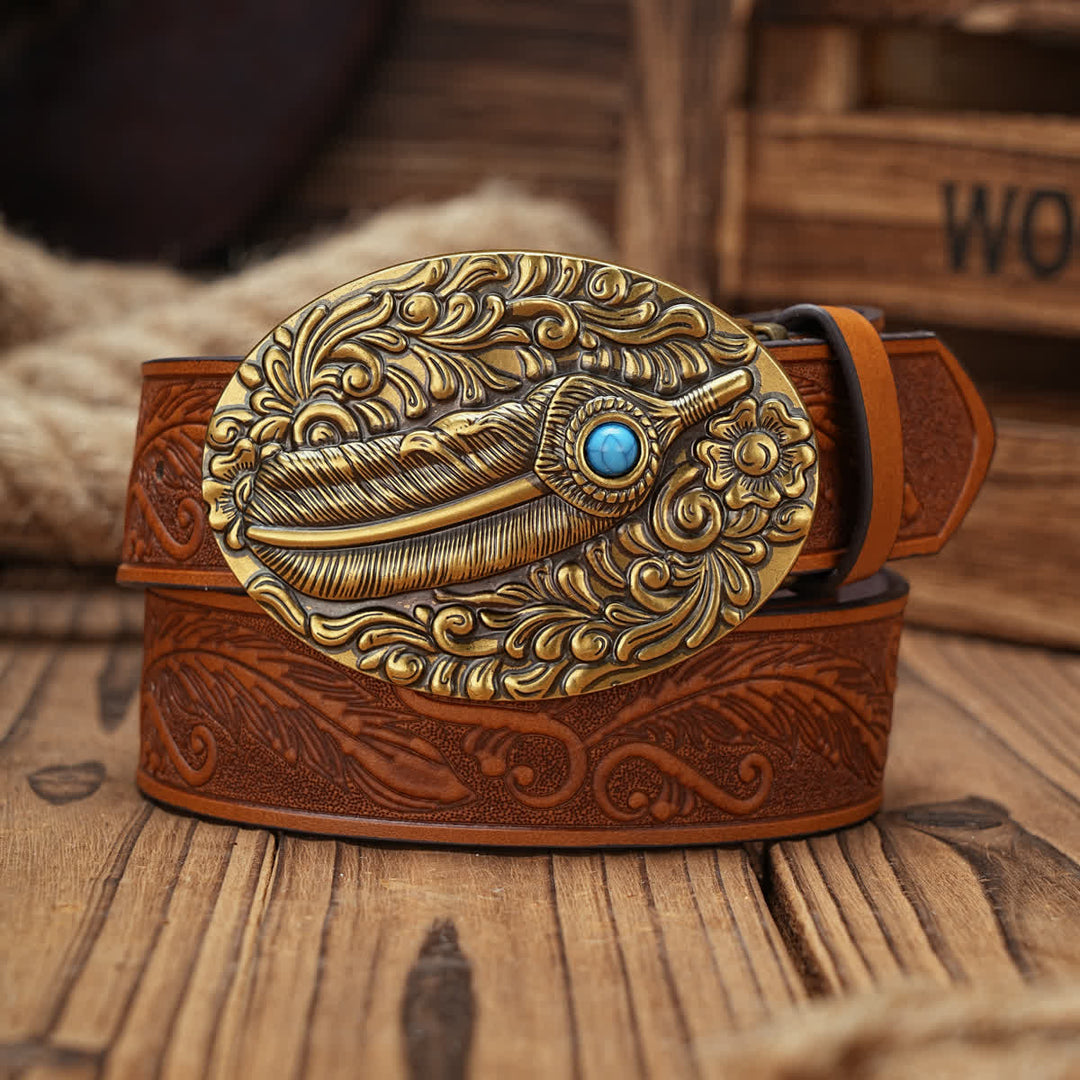 Ceinture en cuir à boucle médaillon en forme de plume avec accent turquoise - Orange - 38 - image 2