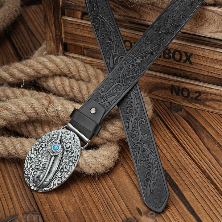 Ceinture en cuir à boucle médaillon en forme de plume avec accent turquoise - image 5