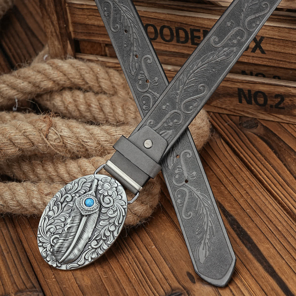 Ceinture en cuir à boucle médaillon en forme de plume avec accent turquoise - image 1