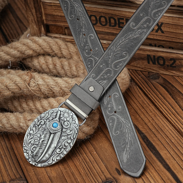 Ceinture en cuir à boucle médaillon en forme de plume avec accent turquoise - image 1