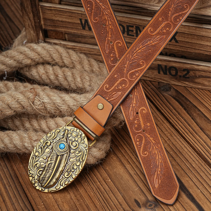 Ceinture en cuir à boucle médaillon en forme de plume avec accent turquoise - image 3