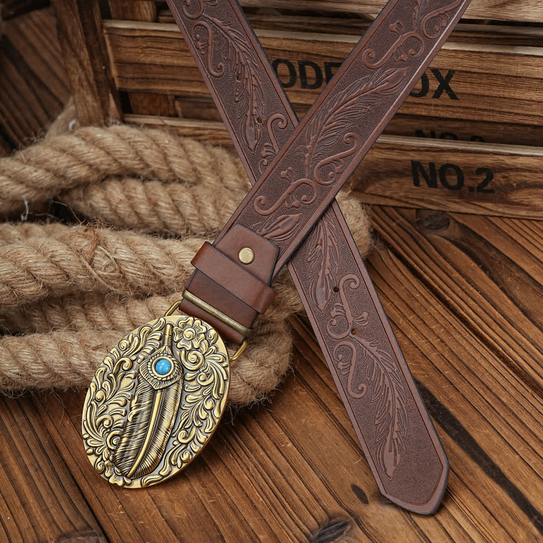 Ceinture en cuir à boucle médaillon en forme de plume avec accent turquoise - image 7