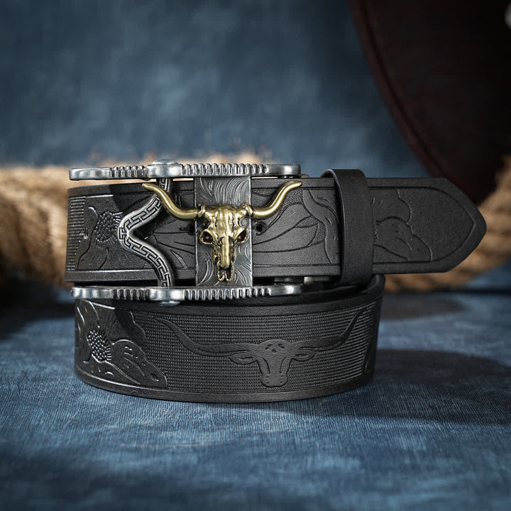 Ceinture en cuir à boucle creuse avec tête de taureau Longhorn de rodéo - Noir - 38 - image 0