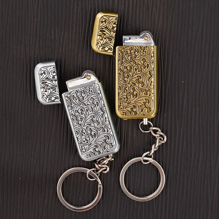 Briquet porte-clés à butane à clapet, motif floral sculpté rétro baroque - image 2