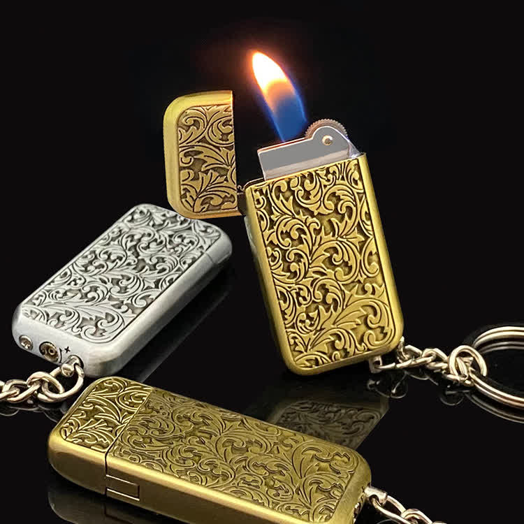 Briquet porte-clés à butane à clapet, motif floral sculpté rétro baroque - image 0