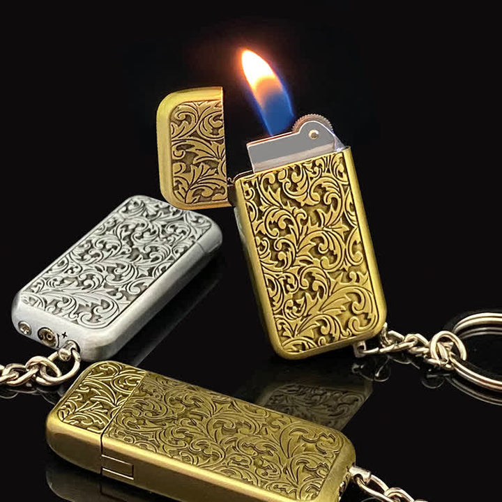 Briquet porte-clés à butane à clapet, motif floral sculpté rétro baroque - image 0