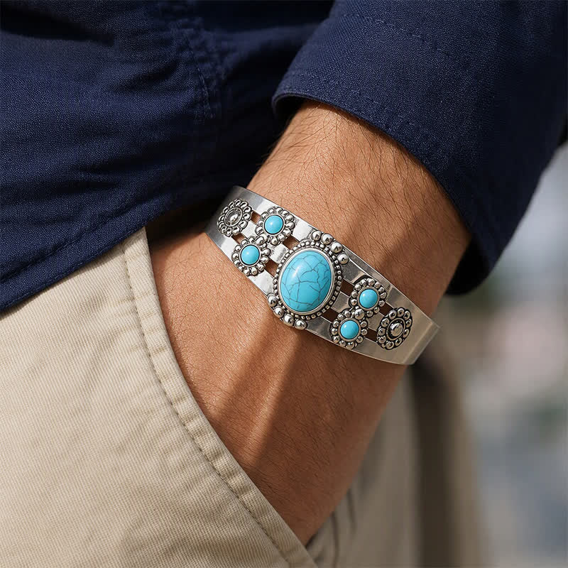 Bracelet manchette ouvert en pierre turquoise craquelée Desert Sun - image 1