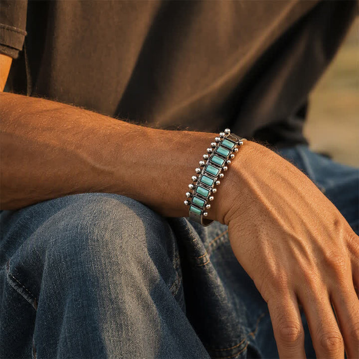 Bracelet manchette ouvert de style western en pierre turquoise rectangulaire - image 1