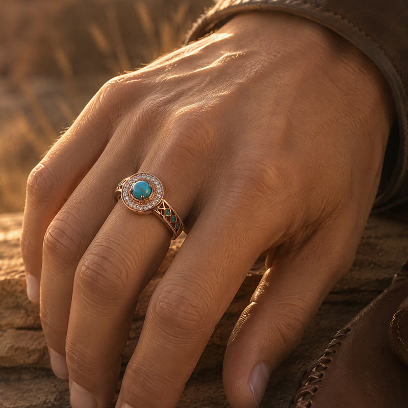 Bague vintage ronde en turquoise simulée avec halo, style ethnique, en métal creux. - image 1