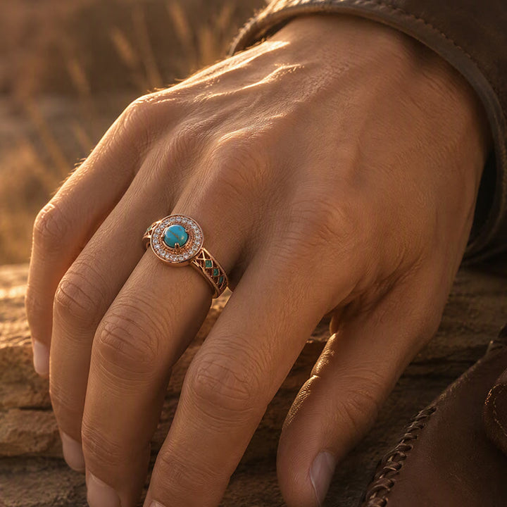 Bague vintage ronde en turquoise simulée avec halo, style ethnique, en métal creux. - image 1
