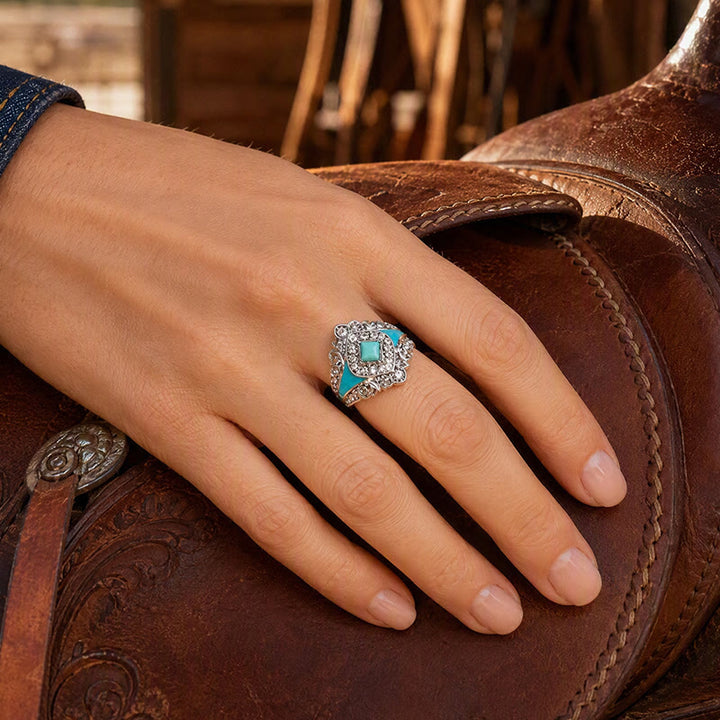 Bague femme vintage en imitation turquoise et strass - image 2