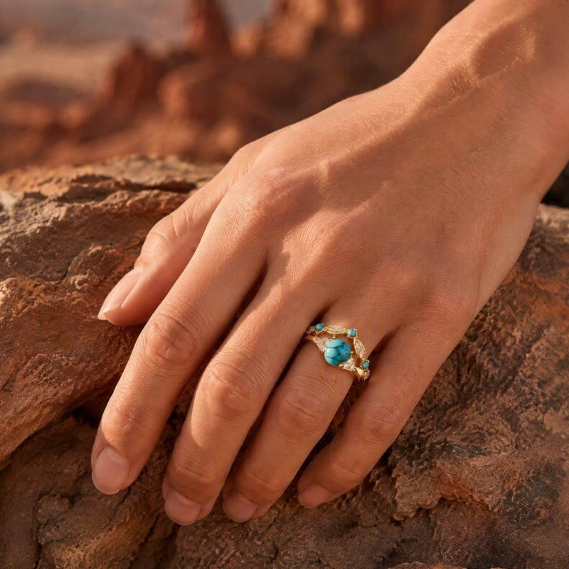 Bague empilable style ethnique bohème rétro en fausse turquoise dorée - image 1