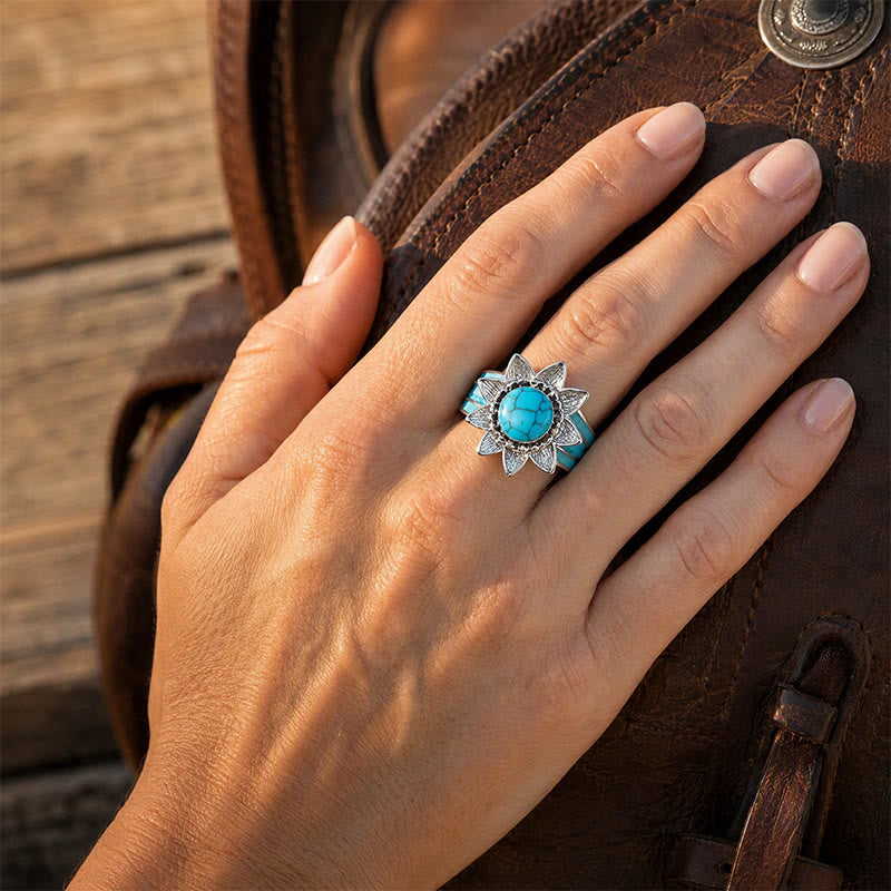 Bague femme en argent, style bohème ethnique, forme soleil, incrustée de fausse turquoise, style bohème. - image 1
