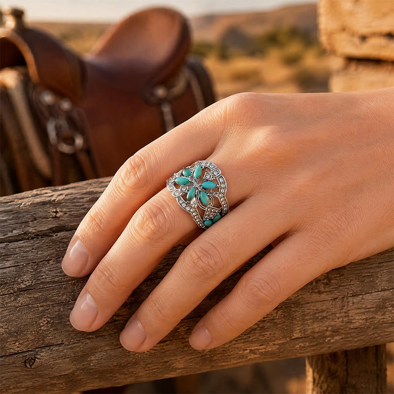 Bague ethnique rétro creuse à large anneau en turquoise simulée et cristal - image 1