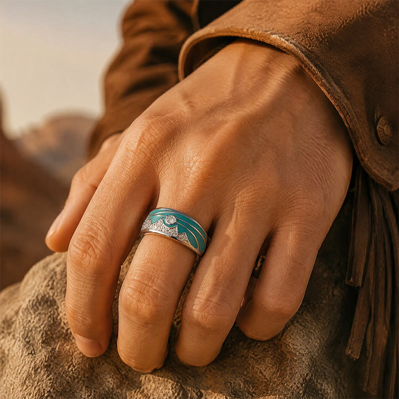 Bague large en argent émaillée à motif soleil de montagne vintage et zircon cubique - image 1