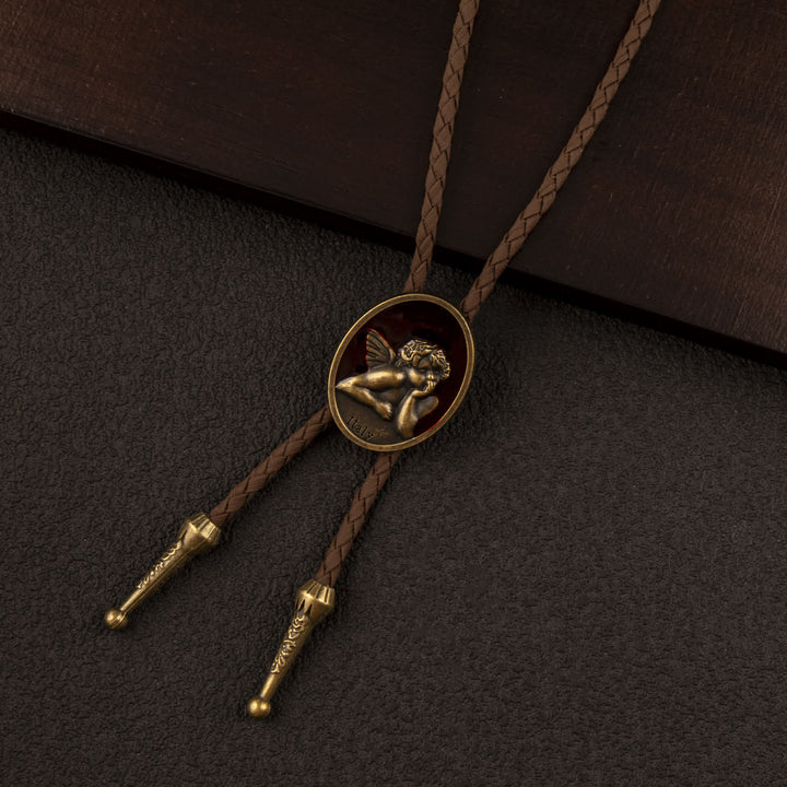 Cravate bolo vintage en cuir et émail émail Cupidon, style western - Brun et bronze - image 1