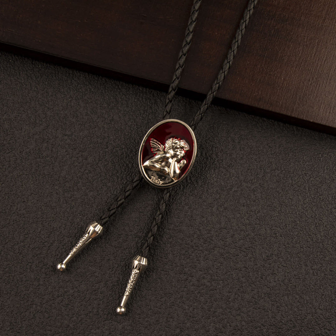 Cravate bolo vintage en cuir et émail émail Cupidon, style western - Noir et argent - image 3