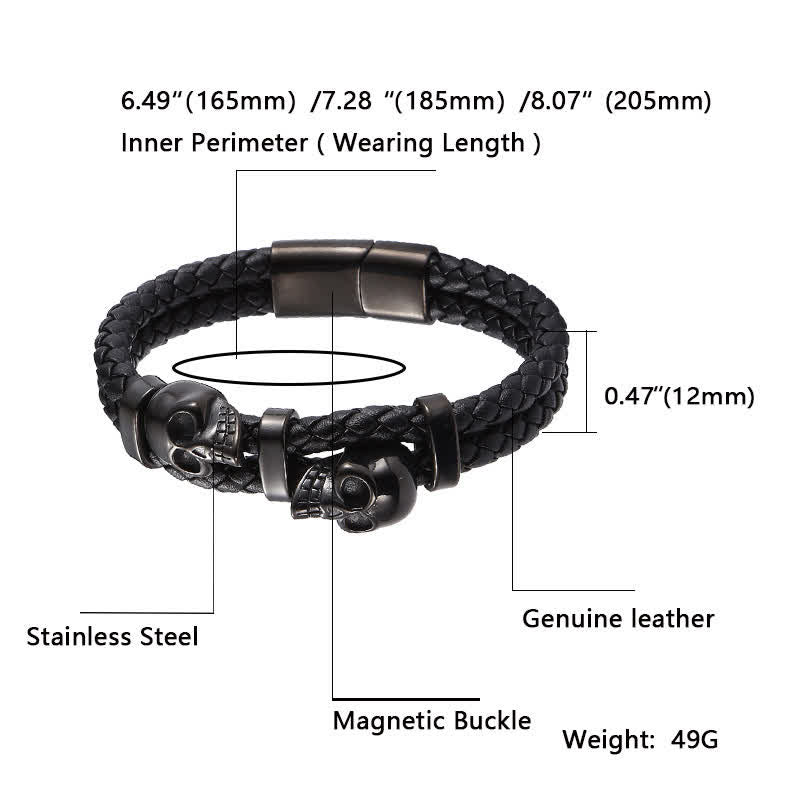 Bracelet gothique en cuir véritable tressé à double tête de mort - image 4