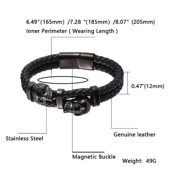 Bracelet gothique en cuir véritable tressé à double tête de mort - image 4