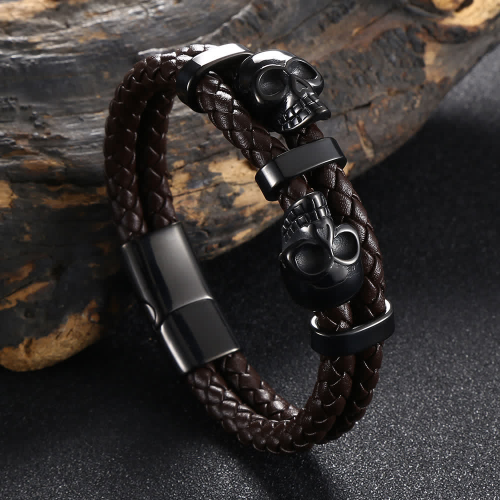 Bracelet gothique en cuir véritable tressé à double tête de mort - Brun - 8,07" / 20,5 cm - image 8