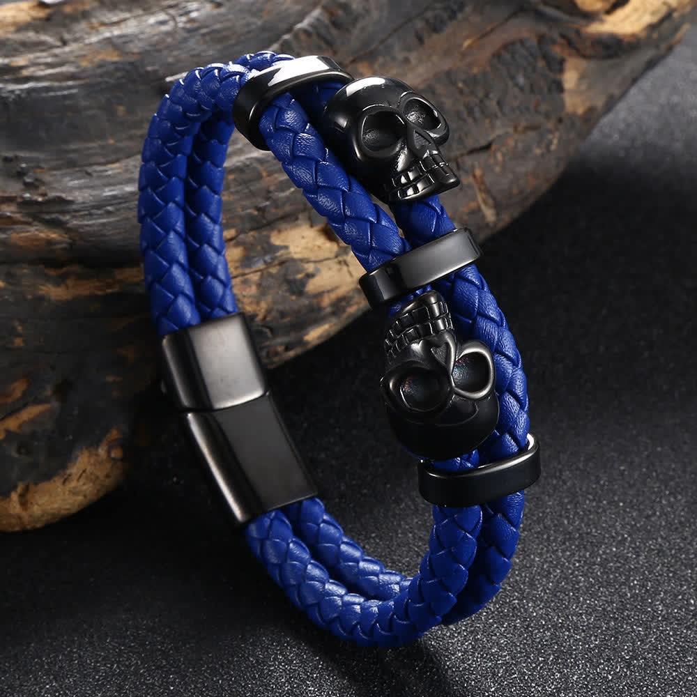 Bracelet gothique en cuir véritable tressé à double tête de mort - Bleu - 8,07" / 20,5 cm - image 6