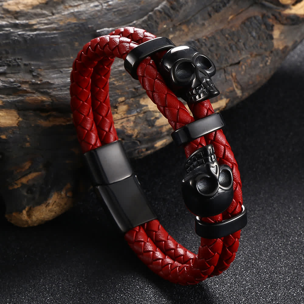Bracelet gothique en cuir véritable tressé à double tête de mort - Rouge - 8,07" / 20,5 cm - image 5