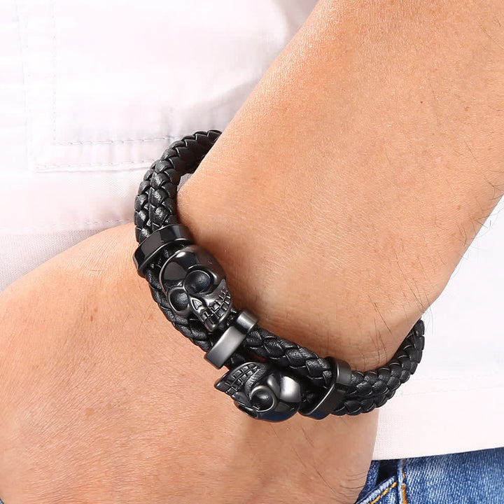 Bracelet gothique en cuir véritable tressé à double tête de mort - image 1