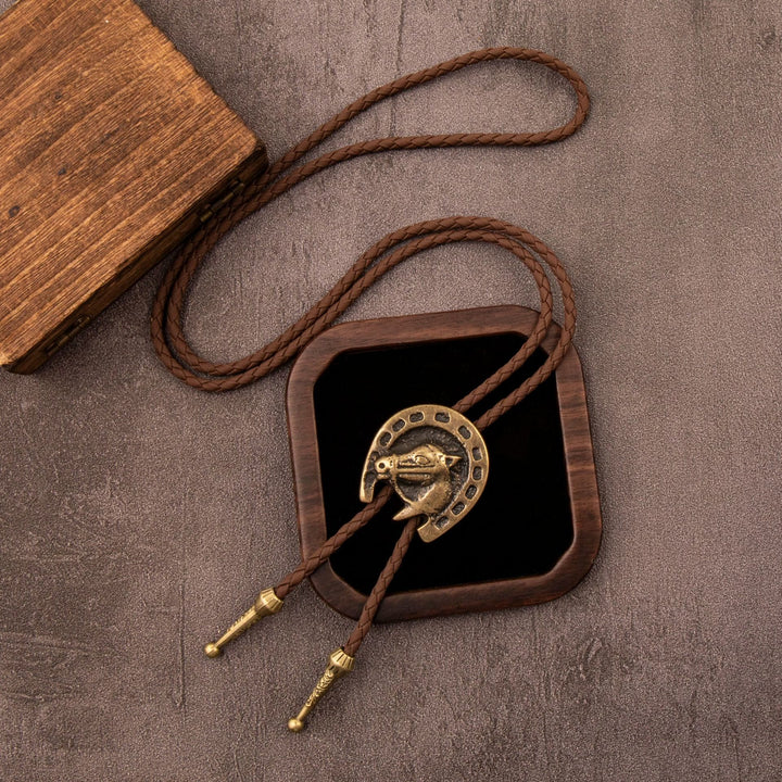 Cravate bolo western vintage, collier en cuir à tête de cheval - Brun - image 1