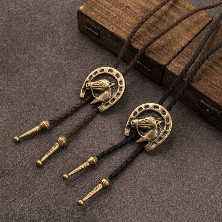 Cravate bolo western vintage, collier en cuir à tête de cheval - image 0
