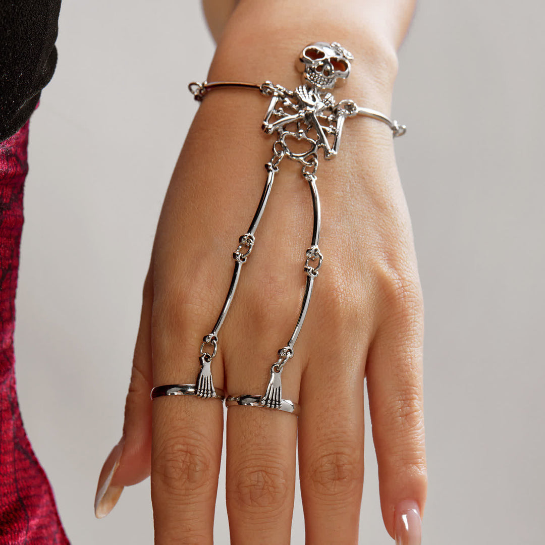 Bracelet d'Halloween avec chaîne main squelette et anneaux - Argent - image 4