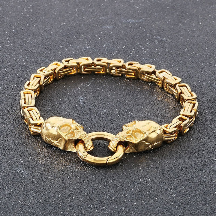 Bracelet de motard à double tête de mort pour homme, chaîne épaisse et imposante. - Or - 9,06" / 23 cm - image 9
