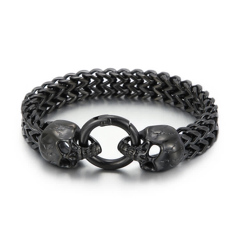 Bracelet pour homme avec fermoir mousqueton à double tête de mort - Noir - 9,45" / 24 cm - image 7