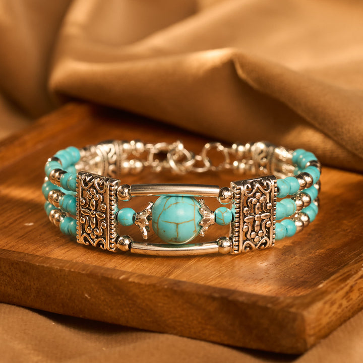 Bracelet bohème cowgirl à trois rangs de perles turquoise - image 0
