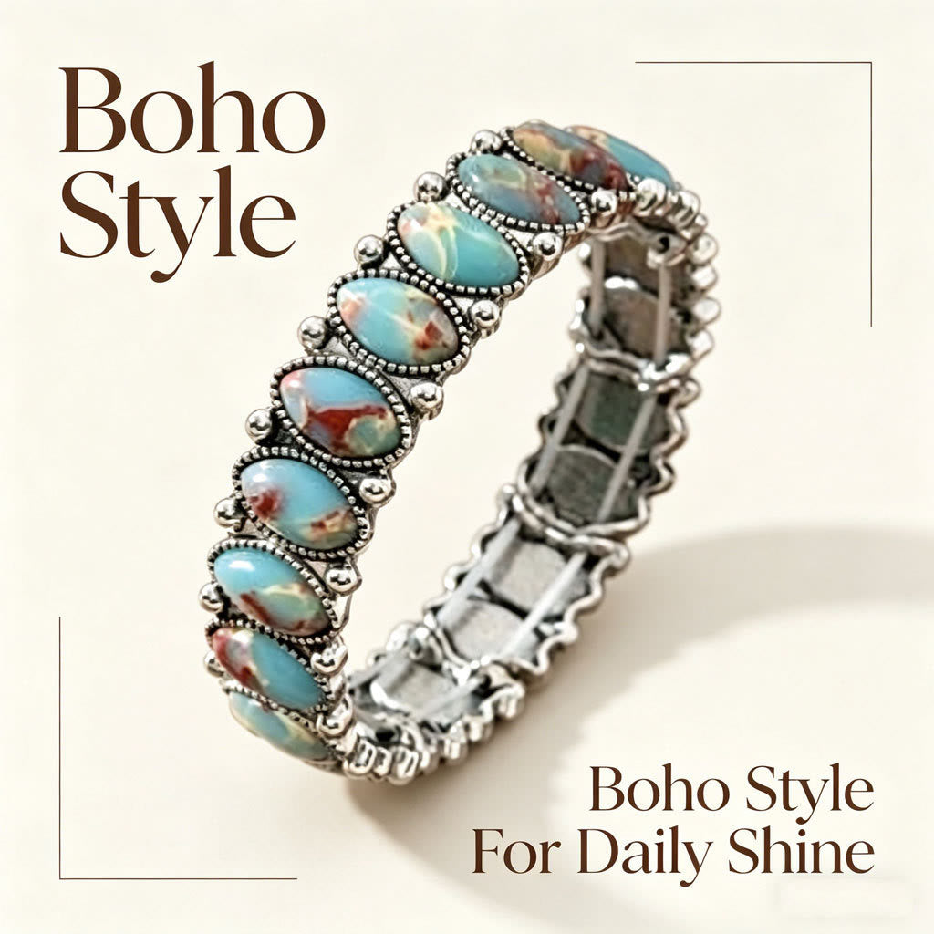 Bracelet extensible ovale vintage bohème en turquoise blanche et argent gravé - Bleu - image 2