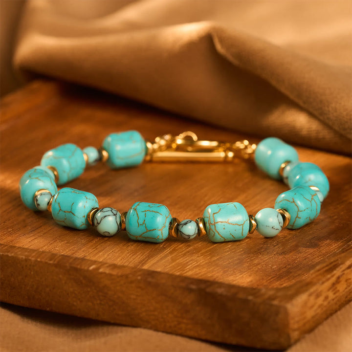 Bracelet vintage bohème en perles turquoise et métal doré - Bleu - image 0