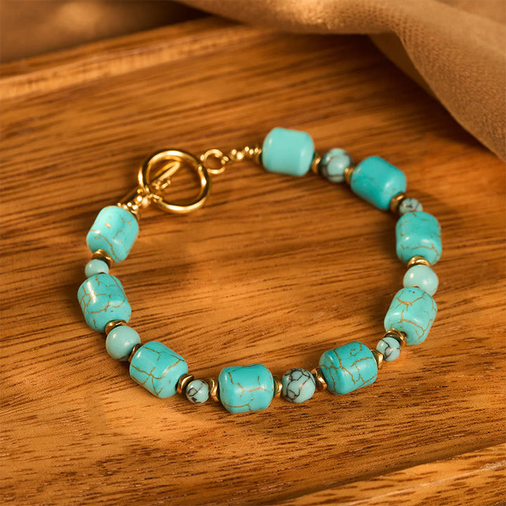 Bracelet vintage bohème en perles turquoise et métal doré - image 2
