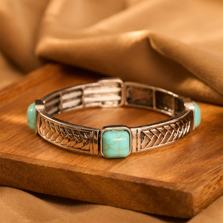 Bracelet jonc vintage tribal carré turquoise et argent gravé - Argent - image 0