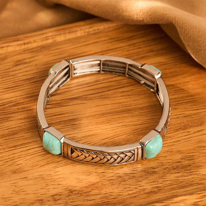 Bracelet jonc vintage tribal carré turquoise et argent gravé - image 1
