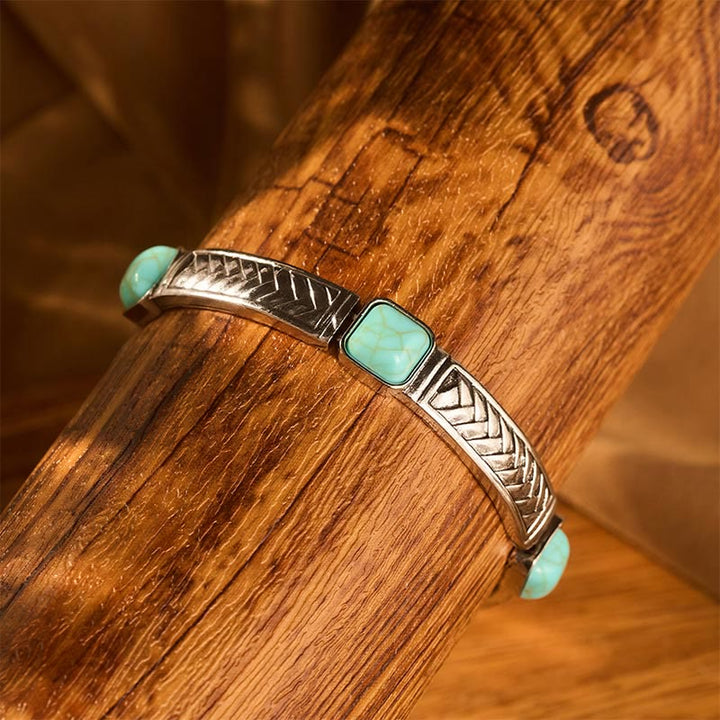 Bracelet jonc vintage tribal carré turquoise et argent gravé - image 2