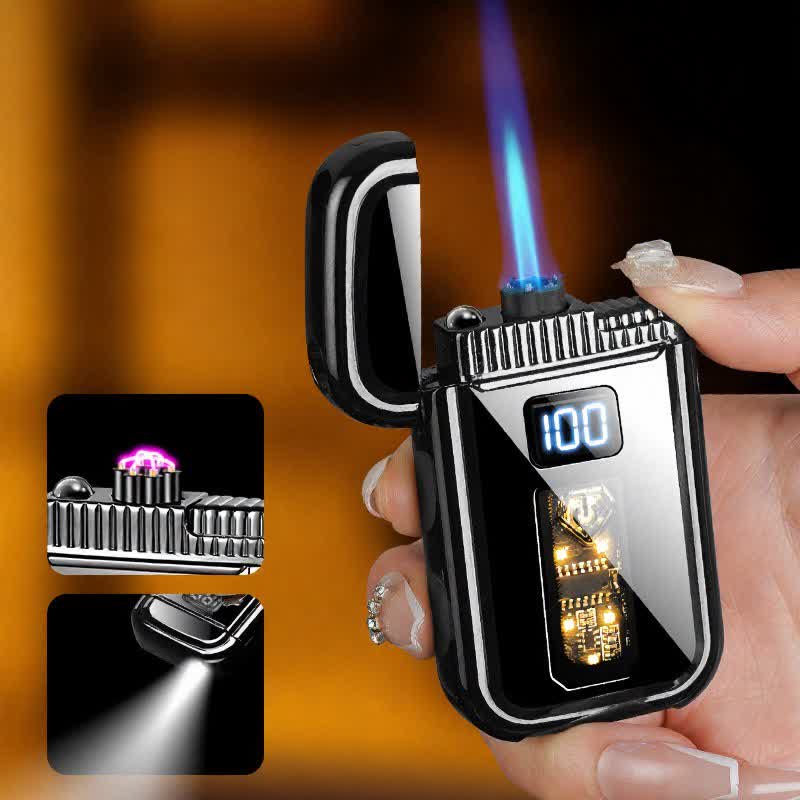 Briquet à butane 3 en 1 avec lampe torche à plasma et à jet, et lampe torche LED intégrée - Noir - image 0