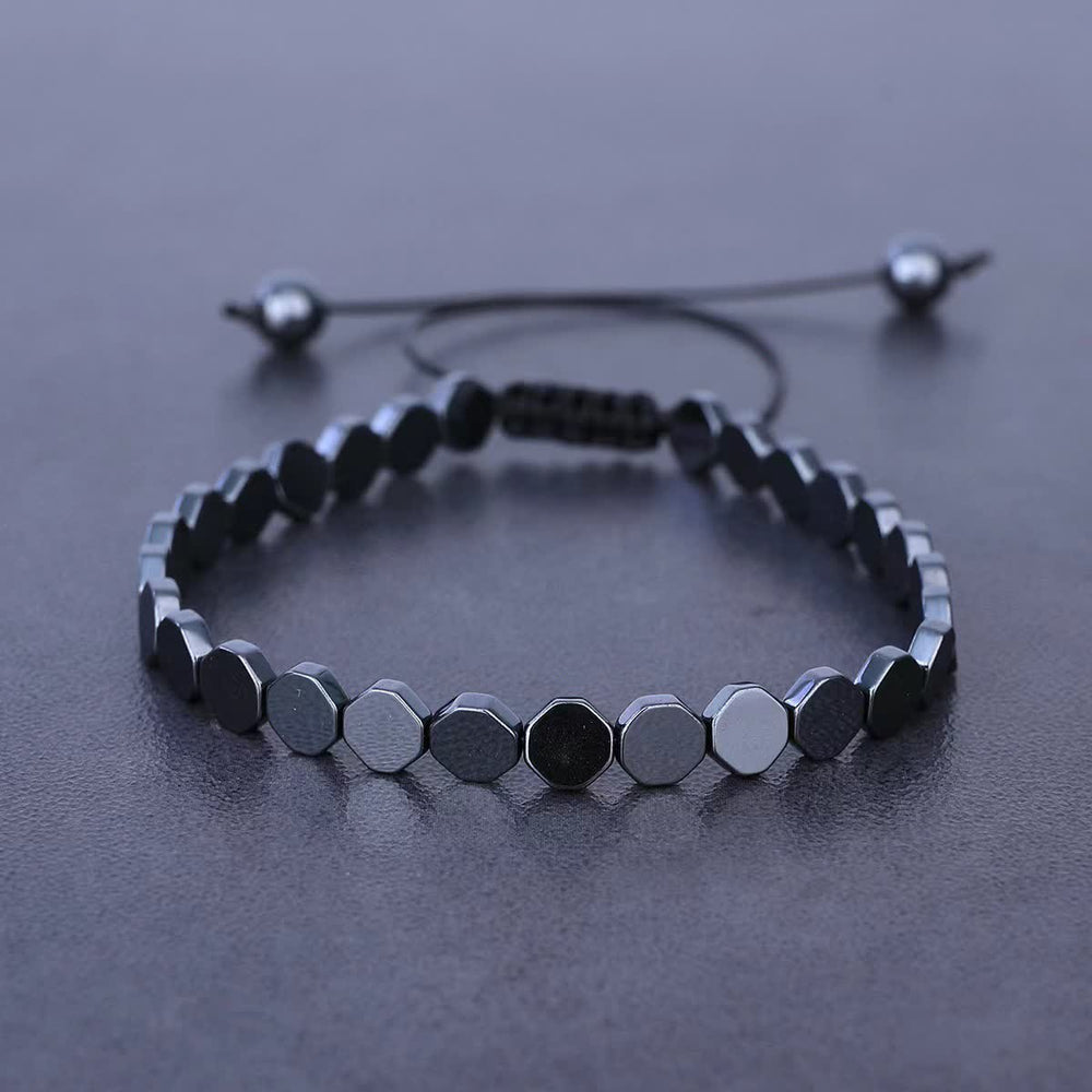 Bracelet tressé ajustable en perles d'hématite noire énergétique - Hexagone - image 1
