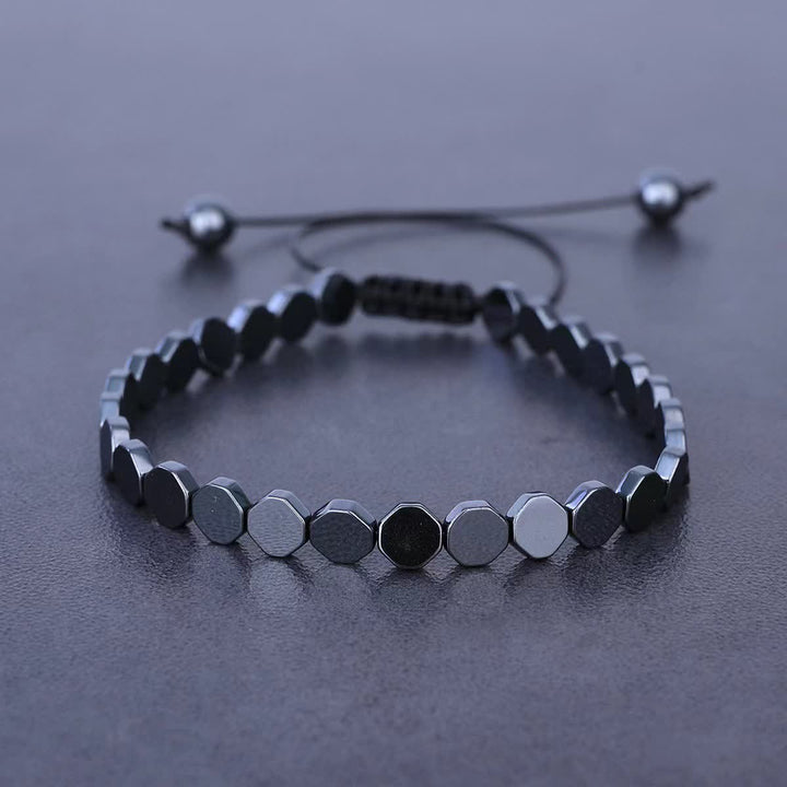 Bracelet tressé ajustable en perles d'hématite noire énergétique - Hexagone - image 1