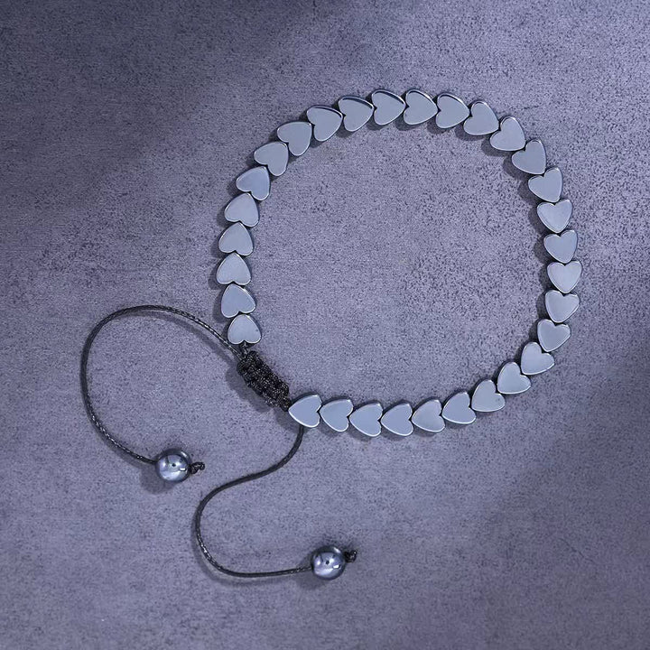 Bracelet tressé ajustable en perles d'hématite noire énergétique - Cœur - image 3