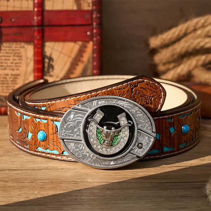 Ceinture en cuir avec boucle de couteau pliant dissimulée, ornée de strass, d'un taureau à cornes allongées et d'un fer à cheval. - Taureau Longhorn et fer à cheval - Ceinture turquoise sculptée - 42 - image 3