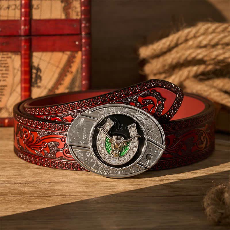 Ceinture en cuir avec boucle de couteau pliant dissimulée, ornée de strass, d'un taureau à cornes allongées et d'un fer à cheval. - Taureau Longhorn et fer à cheval - Ceinture sculptée marron - 42 - image 6