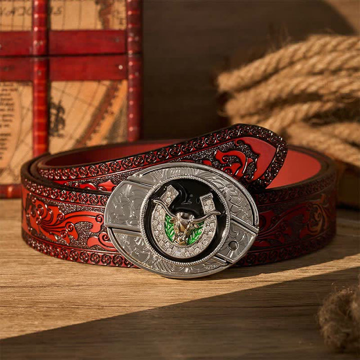Ceinture en cuir avec boucle de couteau pliant dissimulée, ornée de strass, d'un taureau à cornes allongées et d'un fer à cheval. - Taureau Longhorn et fer à cheval - Ceinture sculptée marron - 42 - image 6
